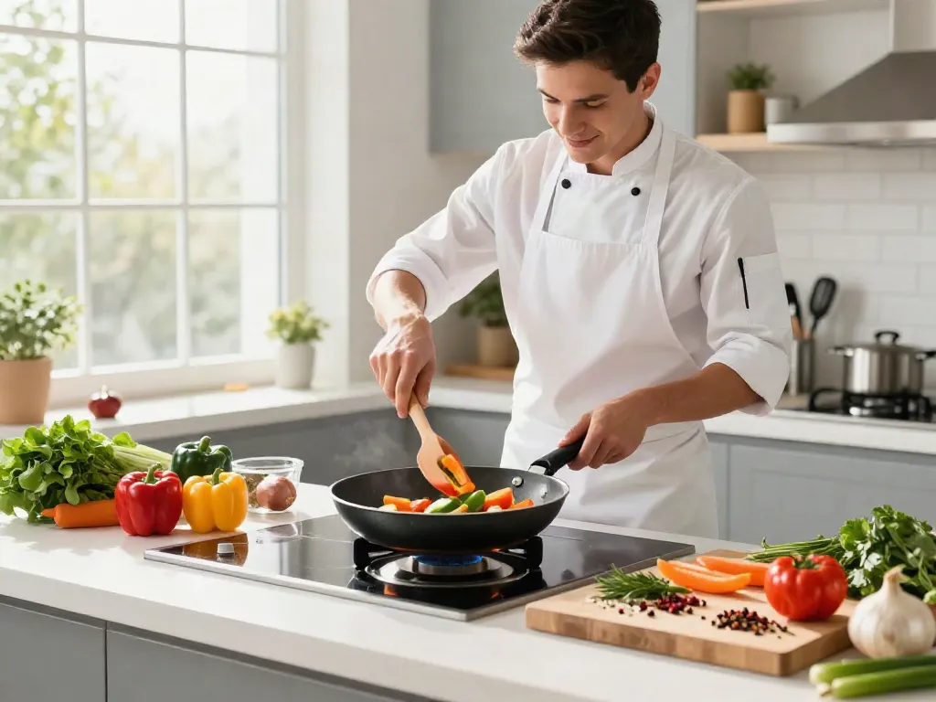 Chef demonstrating fry pan price in Bangladesh with fresh ingredients in bright kitchen.